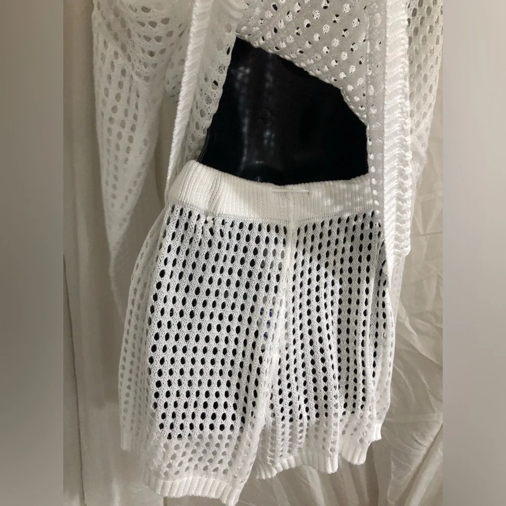 White 2pc American flag crochet mesh sweater & shorts coverup set size large new